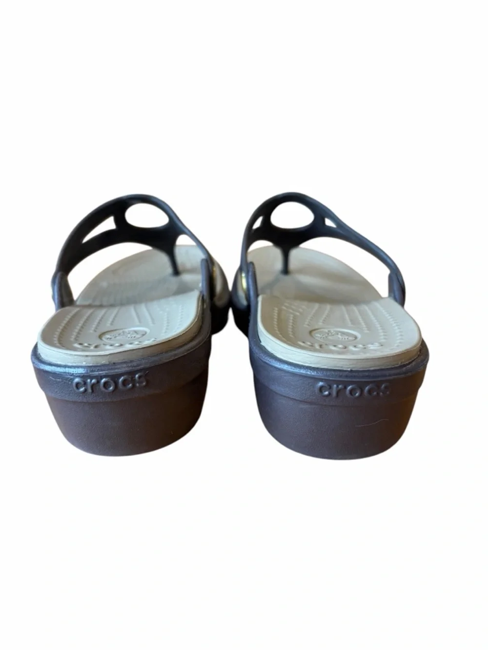 CROCS Brown Thong Sandal Wedge with Gold Beveled Circle